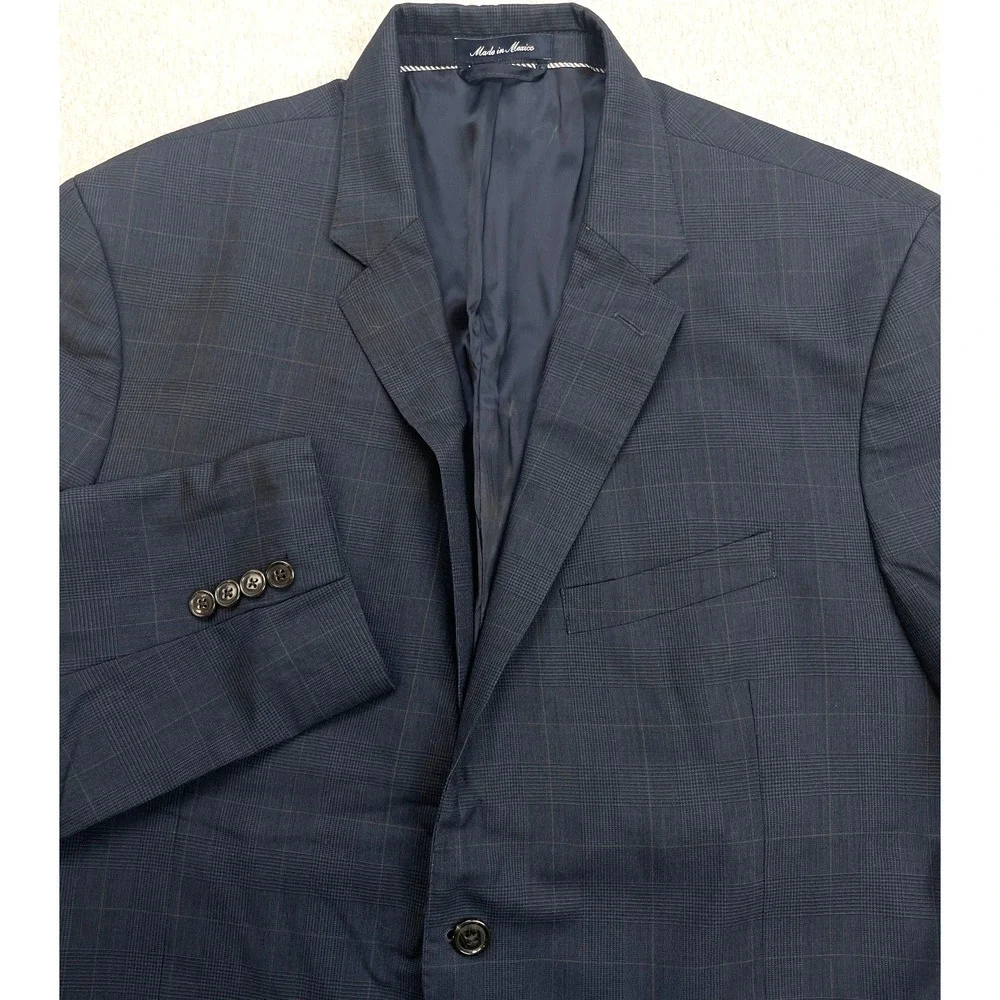 Lands' End‎ Blazer Mens 46R Navy Blue Plaid 100% Wool Tailored Fit 2-Buttons